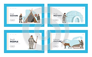 Eskimos Life Landing Page Template Set. Inuit Characters Holding Spear, Building Igloo, Riding Sled, Cooking Fish photo