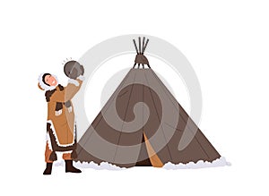 Eskimos woman cartoon character playing ethnic tambourine, having fun and dancing nearby wigwam tent