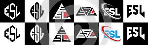 ESL letter logo design in six style. ESL polygon, circle, triangle, hexagon, flat and simple style with black and white color photo