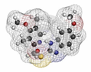Esomeprazole peptic ulcer drug molecule (proton pump inhibitor). Atoms are represented as spheres with conventional color coding: