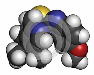 Esomeprazole peptic ulcer drug molecule (proton pump inhibitor). Atoms are represented as spheres with conventional color coding: