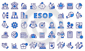 ESOP icon set in line design blue. Employee, Ownership, Stock, Plan, icon, Business, Investment, vector illustrations