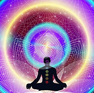 Esoteric background with man in yoga meditating position and seven chakras