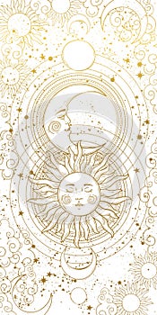 Esoteric banner for astrology, astronomy, tarot. The magical device of the universe, the golden sun and moon on a white