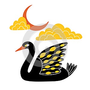 Esoteric bird illustration. Flat mystic black swan with moon and doodle clouds