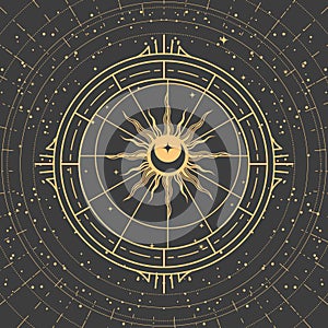 Esoteric compass, sun and moon inside ornamental frame, four corners of the earth, astrology mystic symbol in tarot style