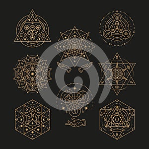 Esoteric geometric symbols. Abstract philosophy totem, magic moon. Sacred tattoo template, mystic astrology pentagramm