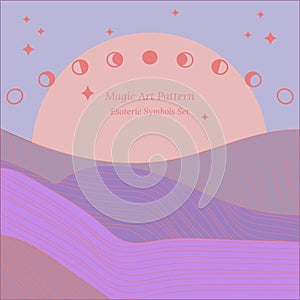 Esoteric pattern, abstract sea waves on background of sunset, phases of moon.Place for text, pastel color drawing. Vector