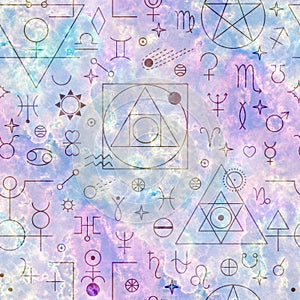 Esoteric pattern seamless texture Alchemy, astrology symbols and signs, planets, stars pictogram. Magic sacred, esoteric