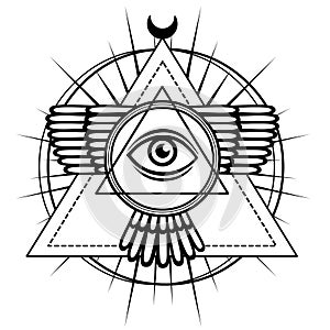 Esoteric symbol: winged pyramid, knowledge eye, sacred geometry.