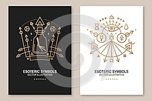 Esoteric symbols poster, flyer. Vector. Thin line geometric badge. Outline icon for alchemy, sacred geometry. Mystic