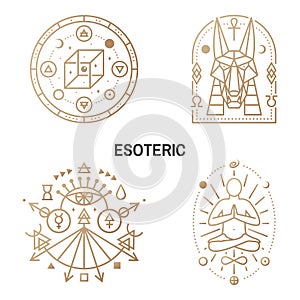 Esoteric symbols. Thin line geometric badge. Outline icon for alchemy, sacred geometry. Mystic, magic design with