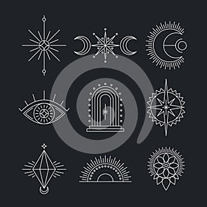 Esoteric symbols, Thin line spiritual illustration. Set of Magic occult emblems