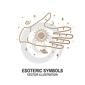 Esoteric symbols. Vector. Thin line geometric badge. Outline icon for alchemy or sacred geometry. Mystic and magic