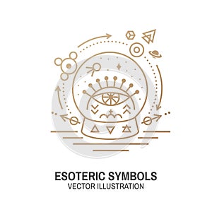 Esoteric symbols. Vector. Thin line geometric badge. Outline icon for alchemy or sacred geometry. Mystic and magic