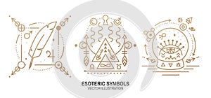 Esoteric symbols. Vector. Thin line geometric badge. Outline icon for alchemy or sacred geometry. Mystic and magic