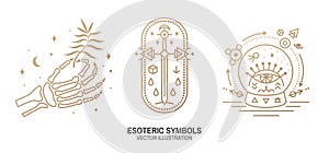 Esoteric symbols. Vector. Thin line geometric badge. Outline icon for alchemy, sacred geometry. Mystic and magic design