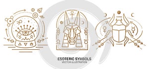 Esoteric symbols. Vector. Thin line geometric badge. Outline icon for alchemy, sacred geometry. Mystic, magic design