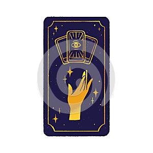 Esoteric tarot. Magic arcana of astrology. Spiritual gold eye, hand, stars on dark card back. Divination, fortune