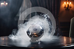 Esoterics and astrology concept background, fortune telling crystal ball in grey smoke and spooky room, magic spiritual