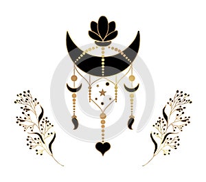 Esoterics. Golden line art of esoteric composition. Moon, stars and sun symbols. Mystical pendant with branches. Vector