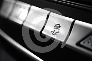 ESP electronic stability program control close up view. Interior detail of a modern car. ESP button