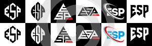 ESP letter logo design in six style. ESP polygon, circle, triangle, hexagon, flat and simple style with black and white color