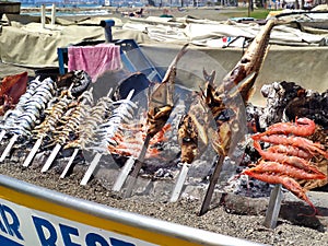 'Espetos', Grilled fish in Malagueta beach, Malaga, Andalusia, Spain
