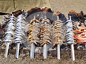 'Espetos', Grilled fish in Malagueta beach, Malaga, Andalusia, Spain