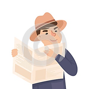 Espionage with Man Private Detective in Hat with Newspaper Listening to Conversation Vector Illustration