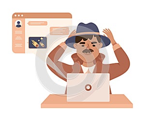 Espionage with Mustached Man Private Detective Working at Laptop Chatting Vector Illustration