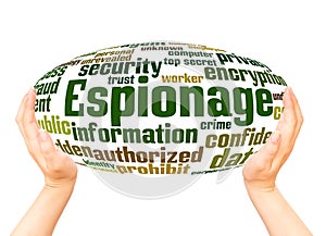 Espionage word cloud hand sphere concept