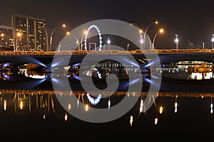 Esplanade bridge, theater and Singapore Flyer at night