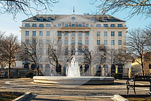 Esplanade Zagreb Hotel building, historic luxury hotel in Zagreb. In front of it is a park with a fountain. Croatia