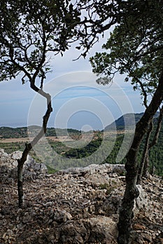 Esporles, Spain - 11 June, 2023: Views of the Tramuntana Mountains from the GR221 trail, Esporles, Mallorca photo