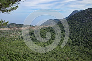 Esporles, Spain - 11 June, 2023: Views of the Tramuntana Mountains from the GR221 trail, Esporles, Mallorca photo