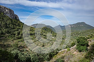 Esporles, Spain - 11 June, 2023: Views of the Tramuntana Mountains from the GR221 trail, Esporles, Mallorca photo