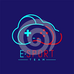Esport logo icon outline stroke, retro Joypad or Controller gaming gear with cloud design illustration isolated on dark blue