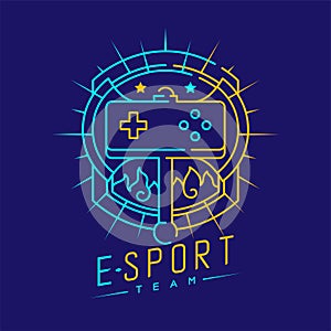 Esport logo icon outline stroke in shield radius frame, Joypad or Controller gaming gear with axe design illustration isolated on