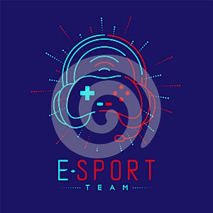 Esport streamer logo icon outline stroke, Joypad or Controller gaming gear with headphones, microphone and radius design isolated