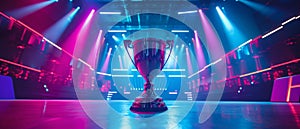 Esports Champion Trophy Stands On Stage Amidst Competing Teams And Neon Lights