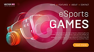 Esports games landing page template with a virtual reality headset with glasses and headphones or VR helmet banner design. Outline