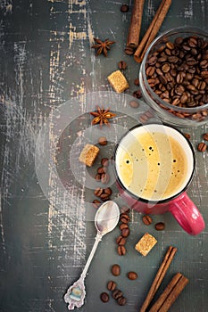 Espreso and coffee beans on Shabby background, top view, space f photo