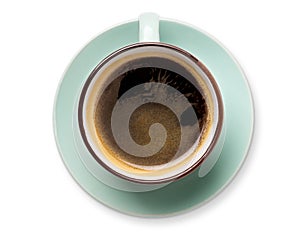 Espresso or americano, black coffee cup above on white background