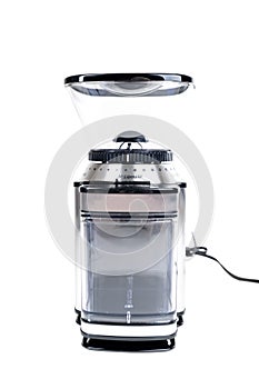 Espresso bean coffee grinder. brand new and clean, straight on view over white