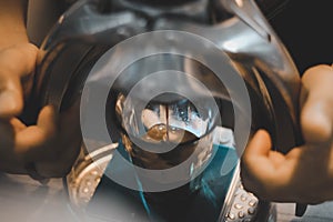 Espresso being pressed with a rok presso into a cup