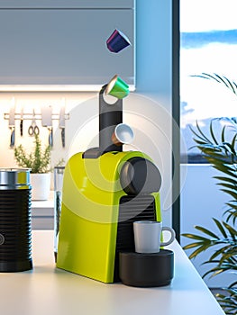 Espresso Capsules Falling Into Coffee Machine. Beginning of Making Fresh Coffee Process in Modern Kitchen. 3d rendering