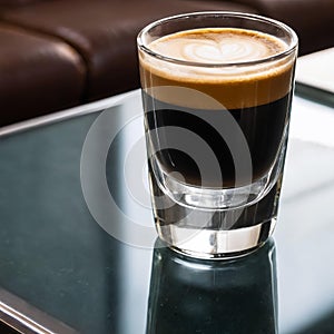 Espresso coffee on a glass table. Generative AI