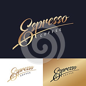 Espresso Coffee logo. Gold lettering for a coffee shop or cafe. Premium coffee emblem in vintage style.