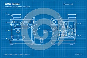 Espresso coffee machine blueprint. Outline drawing of coffeemaker. Industrial linear concept photo